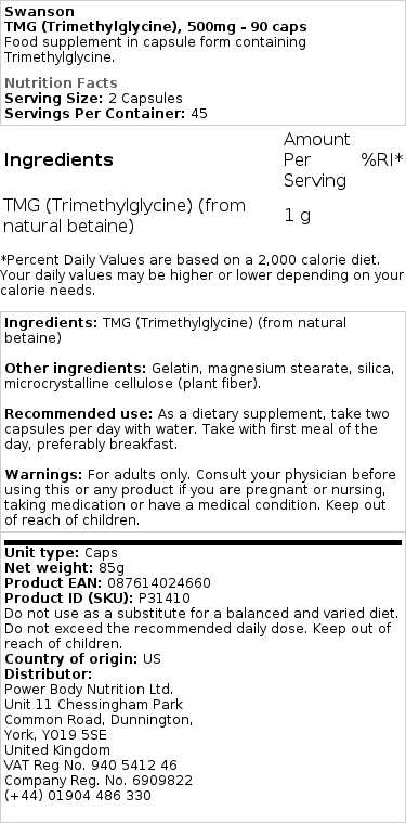 TMG (Trimethylglycine), 500mg - 90 caps – Image 2