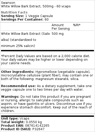 Extrait d'écorce de saule blanc, 500mg - 60 vcaps – Image 2