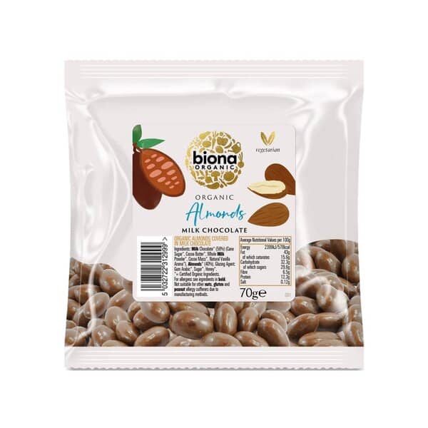 Biona Organic - Mælkechokoladeovertrukne mandler - 70 g