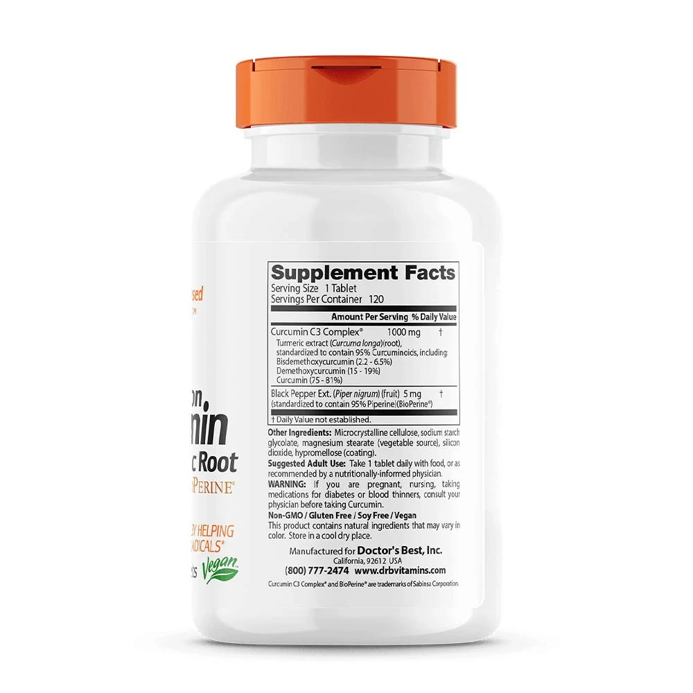 Curcumine à haute absorption provenant de la racine de curcuma avec complexe C3 et BioPerine, 1000mg - 120 comprimés – Image 4