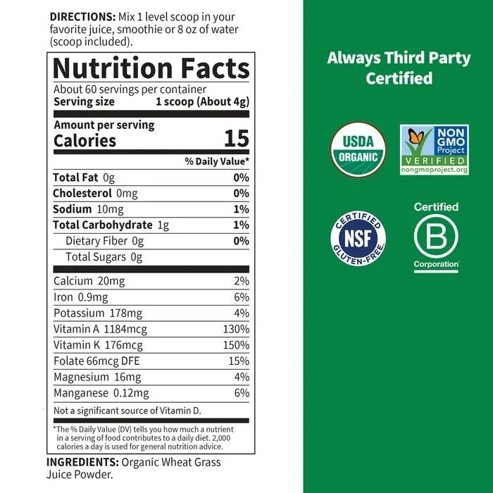 Jus d'herbe de blé biologique Raw Organic Perfect Food 100% biologique USA - 240g – Image 2