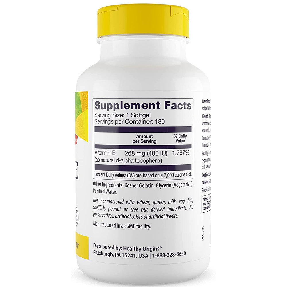Origines saines Vitamine E naturelle 400 UI 180 capsules molles – Image 3