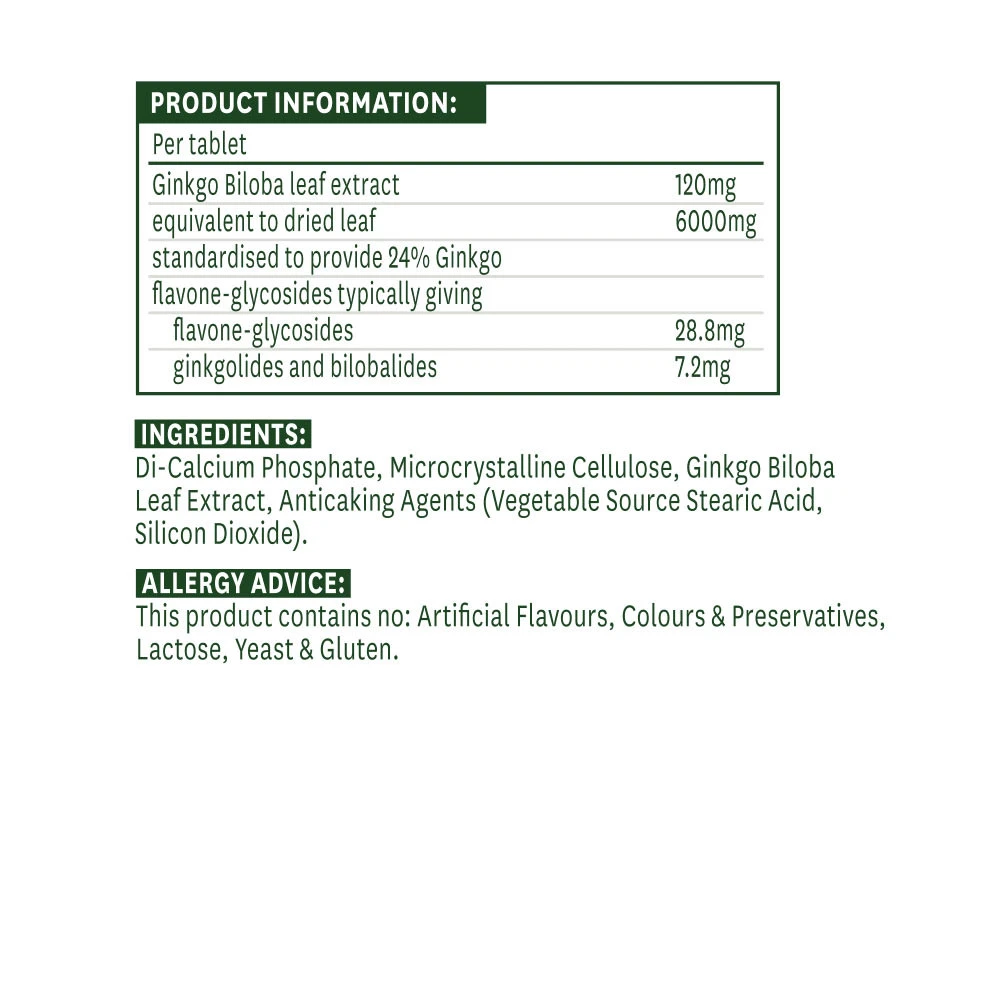 Ginkgo Biloba standardisé 120 mg (90 comprimés) de Natures Aid – Image 5
