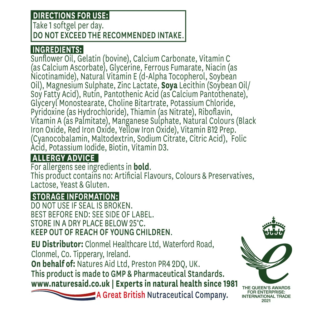 Complément alimentaire multivitaminé et minéral (avec fer) Natures Aid (90 capsules molles) – Image 6