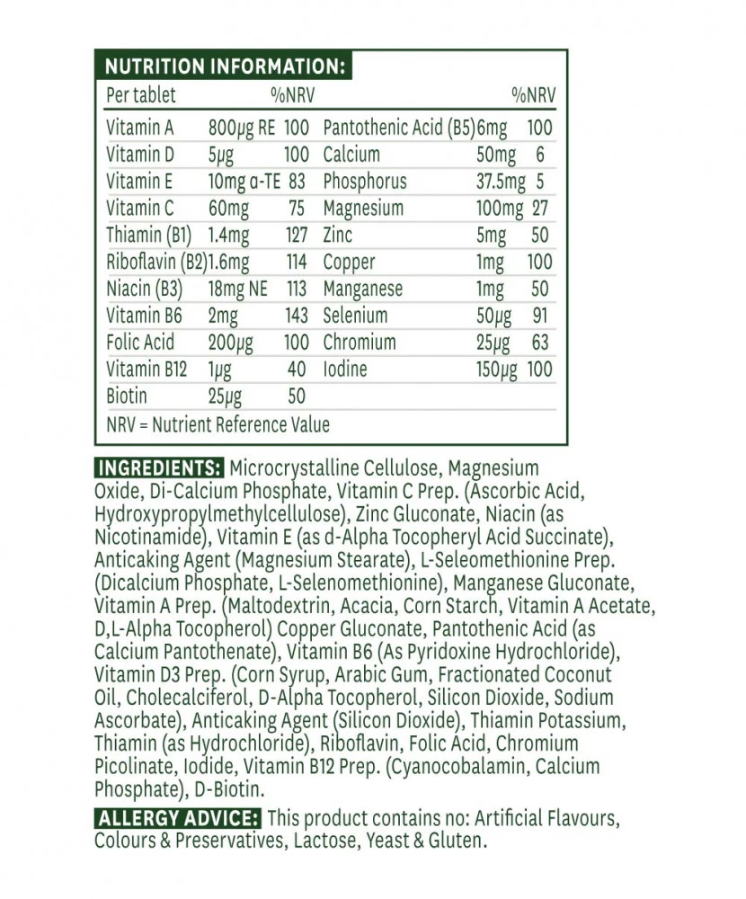 Complément alimentaire multivitaminé et minéral (sans fer) Natures Aid (60 comprimés) – Image 2