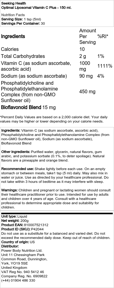 Optimal Liposomal Vitamin C Plus - 150 ml. – Image 2