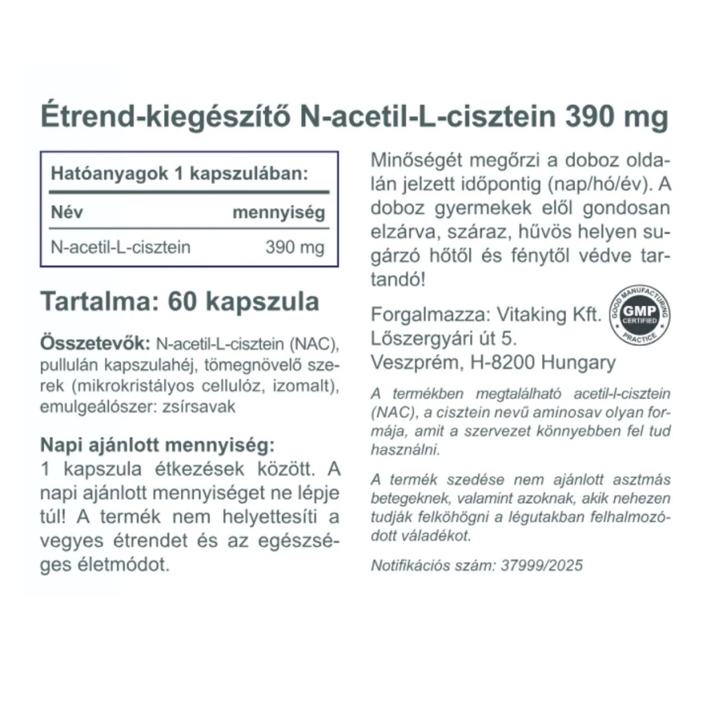 Vitaking NAC-390 (N-acétyl-L-cystéine) 390 mg (60 gélules) – Image 5