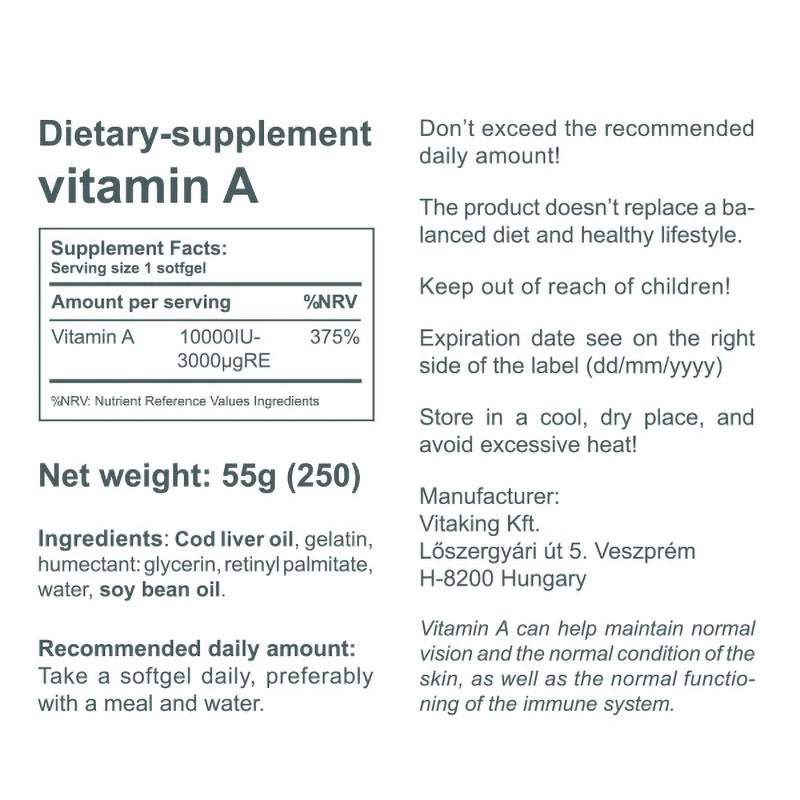 Vitamine A-10000 de Vitaking (250 capsules molles) – Image 3