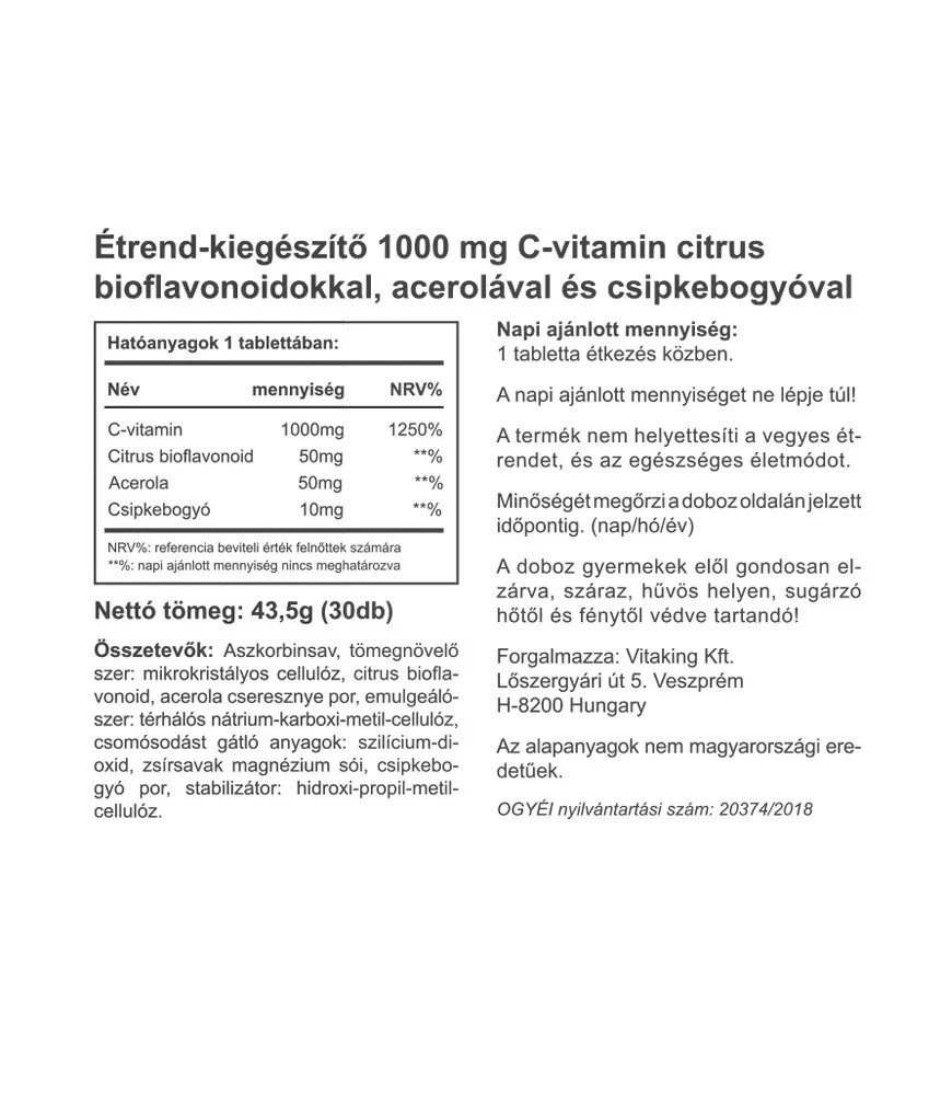 Vitamine C Vitaking 1000 mg avec 50 mg de bioflavonoïdes d'agrumes et d'acérola (30 comprimés) – Image 2
