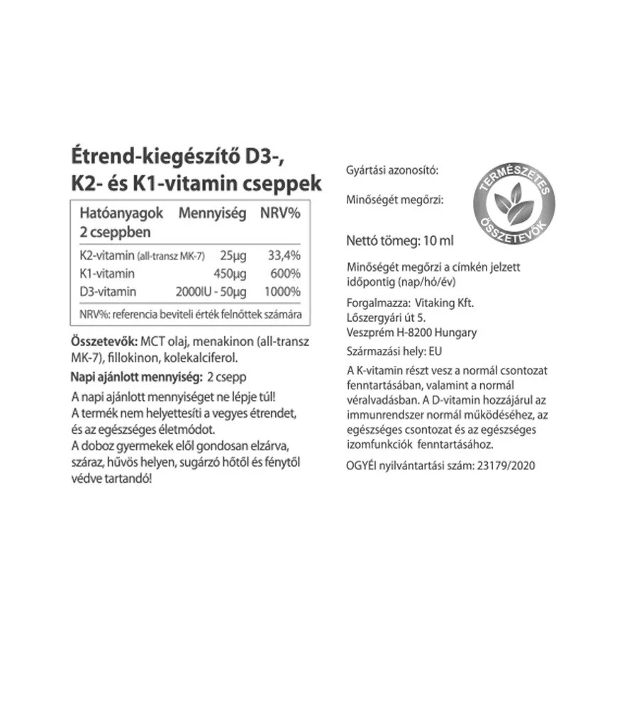 Gouttes de Vitamine D3+K2+K1 Vitaking (10 ml) – Image 2