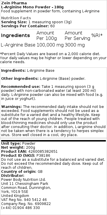 L-Arginine Monopoudre Pure – 180g – Image 2